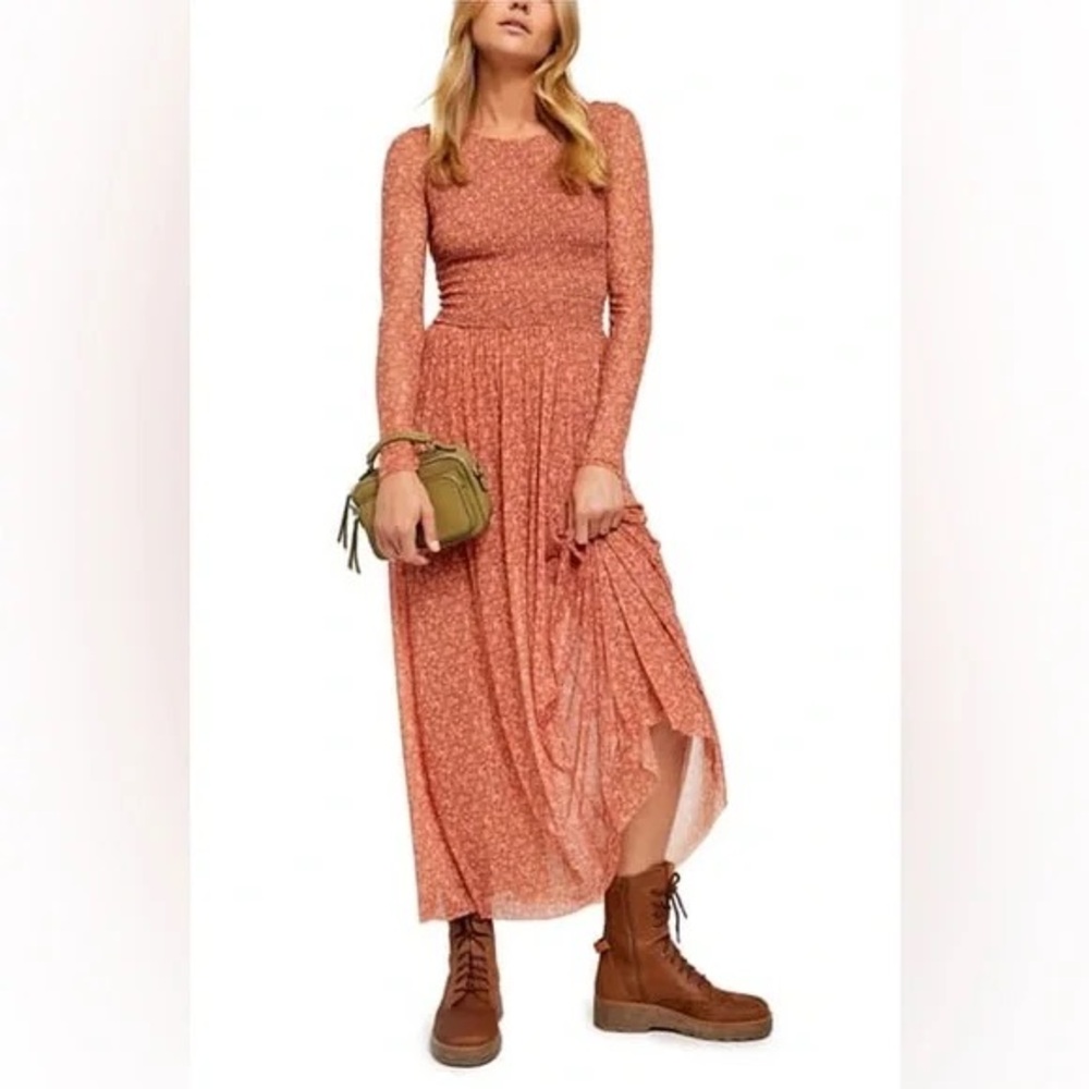 Free People Long Sleeve Floral Dress in Rust
